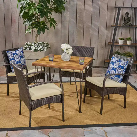 Christopher Knight Home Clayton Outdoor Acacia Wood and Wicker 5 Piece Dining Set with Cushion, Teak/Multibrown
