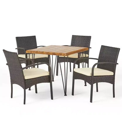 Christopher Knight Home Clayton Ensemble de salle à manger d'extérieur 5 pièces en bois d'acacia et osier avec coussins, Teck/Marron multicouleur