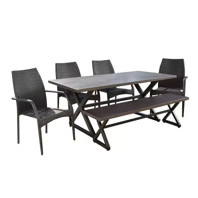 Christopher Knight Home Perault Ensemble de salle à manger d'extérieur 6 pièces en osier et aluminium avec banc, marron/multicolore