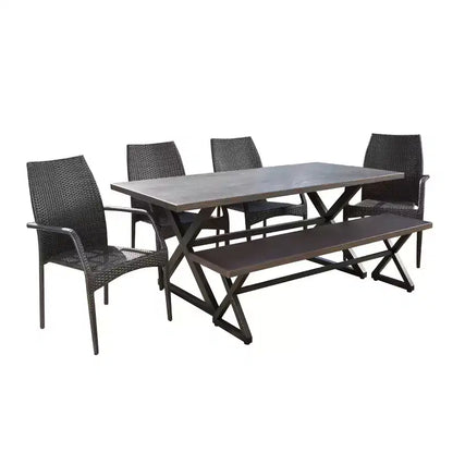 Christopher Knight Home Perault Ensemble de salle à manger d'extérieur 6 pièces en osier et aluminium avec banc, marron/multicolore