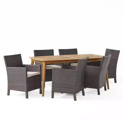 Ensemble de salle à manger d'extérieur 7 pièces Christopher Knight Home Reese en osier et bois d'acacia avec coussins, multicolore marron/teck