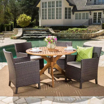 Christopher Knight Home Wes Set da pranzo da esterno a 5 pezzi in legno di acacia e vimini con cuscini