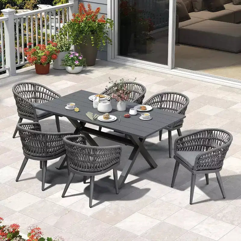 PURPLE LEAF Set da Pranzo per Esterni in Rattan PE per Tutte le Stagioni con Telaio Interamente in Alluminio Tavolo e Sedie per Prato Cortile Terrazza