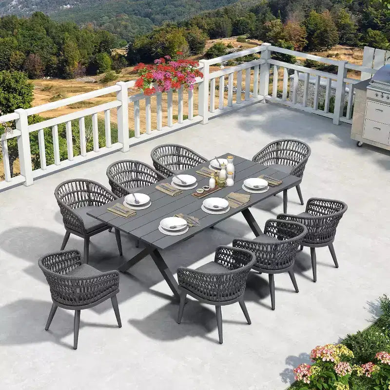 PURPLE LEAF Set da Pranzo per Esterni in Rattan PE per Tutte le Stagioni con Telaio Interamente in Alluminio Tavolo e Sedie per Prato Cortile Terrazza