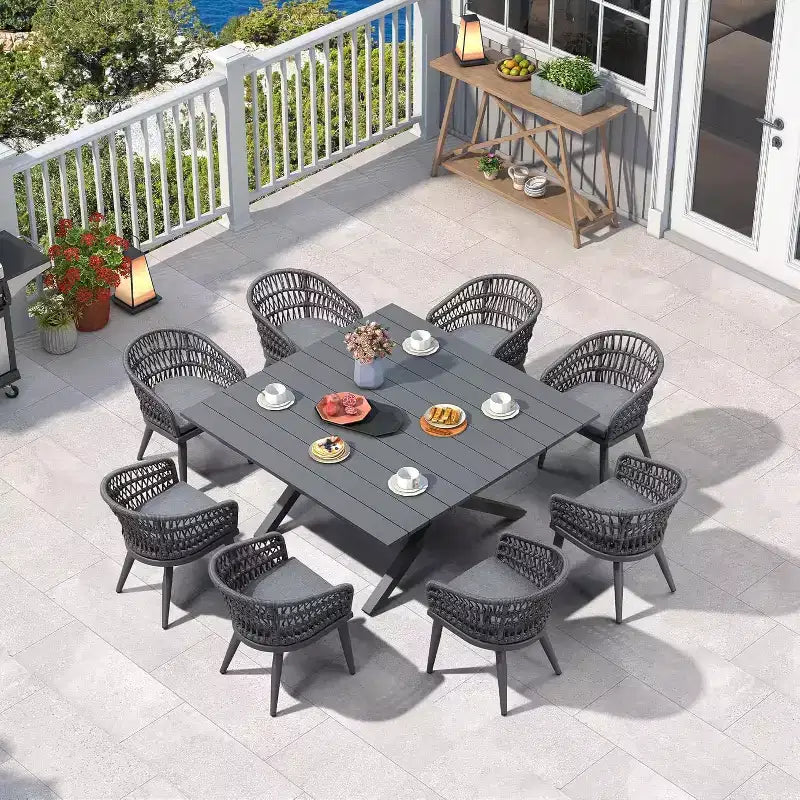 PURPLE LEAF Set da Pranzo per Esterni in Rattan PE per Tutte le Stagioni con Telaio Interamente in Alluminio Tavolo e Sedie per Prato Cortile Terrazza