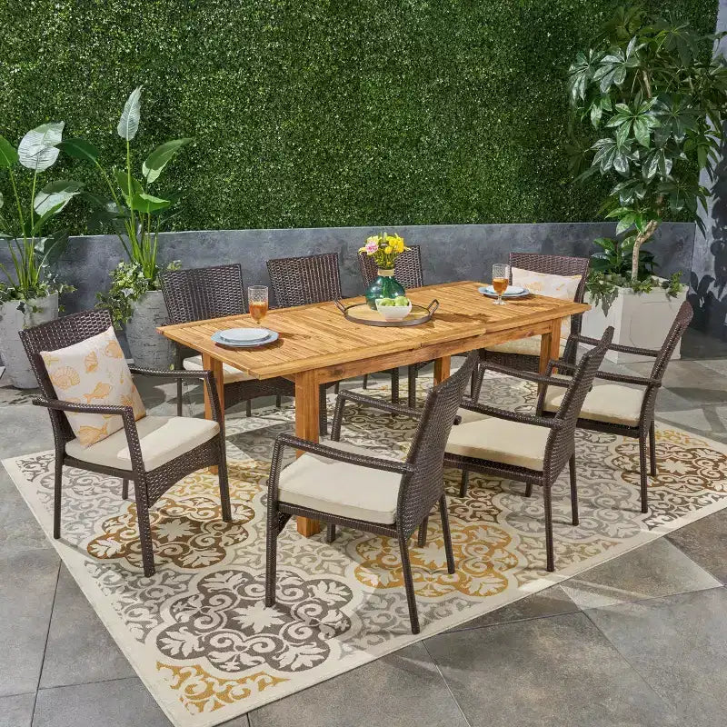 Christopher Knight Home Davenport Set da Pranzo Espandibile da Esterno a 9 Pezzi in Legno di Acacia e Vimini con Cuscini