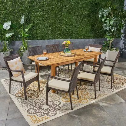 Christopher Knight Home Davenport Set da Pranzo Espandibile da Esterno a 9 Pezzi in Legno di Acacia e Vimini con Cuscini