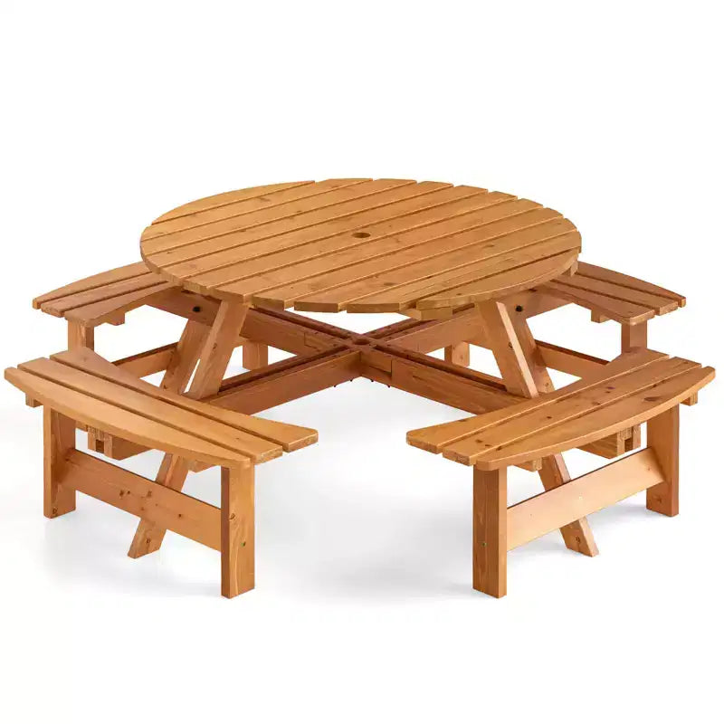 Set Tavolo da Picnic Rotondo per 8 Persone Costway con 4 Panche Integrate 2 Fori per Ombrellone, Marrone/Giallo