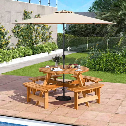 Set Tavolo da Picnic Rotondo per 8 Persone Costway con 4 Panche Integrate 2 Fori per Ombrellone, Marrone/Giallo