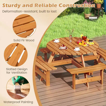 Set Tavolo da Picnic Rotondo per 8 Persone Costway con 4 Panche Integrate 2 Fori per Ombrellone, Marrone/Giallo