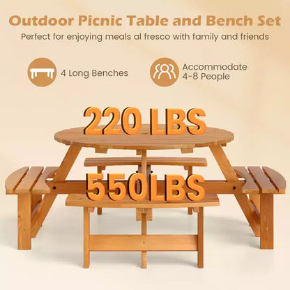 Set Tavolo da Picnic Rotondo per 8 Persone Costway con 4 Panche Integrate 2 Fori per Ombrellone, Marrone/Giallo