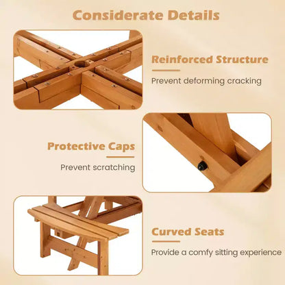 Set Tavolo da Picnic Rotondo per 8 Persone Costway con 4 Panche Integrate 2 Fori per Ombrellone, Marrone/Giallo