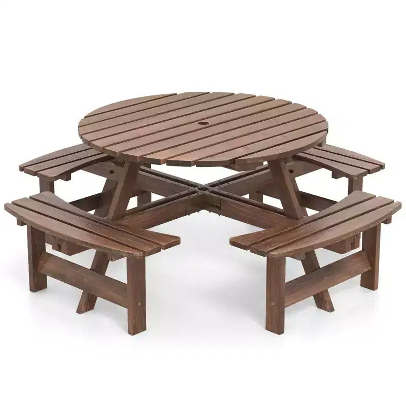 Set Tavolo da Picnic Rotondo per 8 Persone Costway con 4 Panche Integrate 2 Fori per Ombrellone, Marrone/Giallo