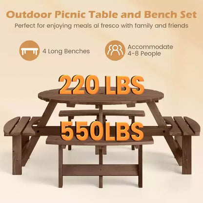Set Tavolo da Picnic Rotondo per 8 Persone Costway con 4 Panche Integrate 2 Fori per Ombrellone, Marrone/Giallo
