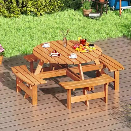Set Tavolo da Picnic Rotondo per 8 Persone Costway con 4 Panche Integrate 2 Fori per Ombrellone, Marrone/Giallo