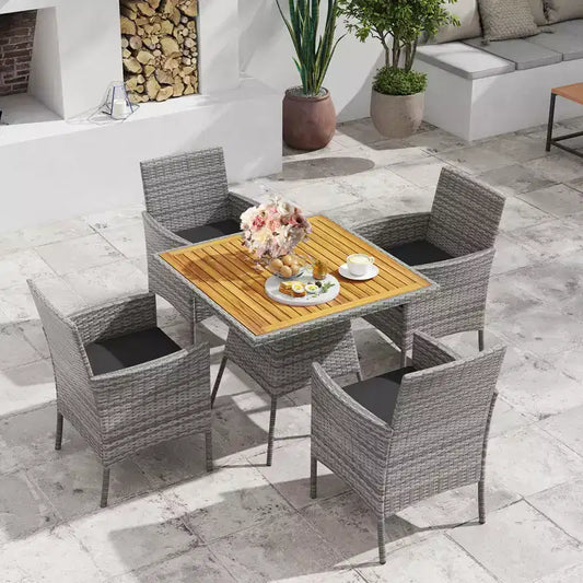 Costway 5 Pieces PE Wicker Patio Dining Set with Cushions and 1.97 Umbrella Hole