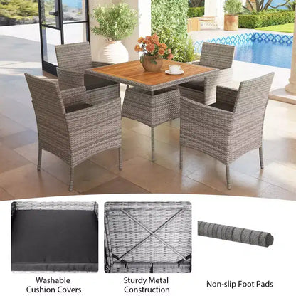 Set da pranzo da esterno Costway 5 pezzi in vimini PE con cuscini e foro per ombrellone da 5 cm