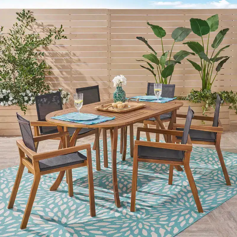 Christopher Knight Home Arletta Set da Pranzo da 7 Pezzi per Esterni in Rete e Legno di Acacia