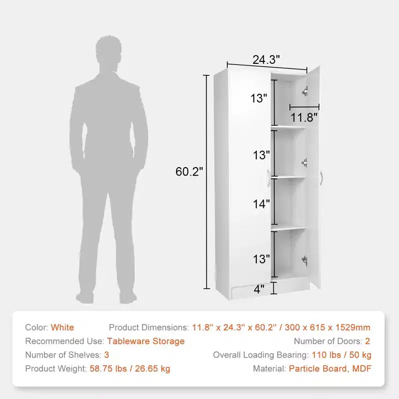 Dispensa da Cucina Alta 152 cm, Capacità 50 kg, Armadio Indipendente con 3 Ripiani