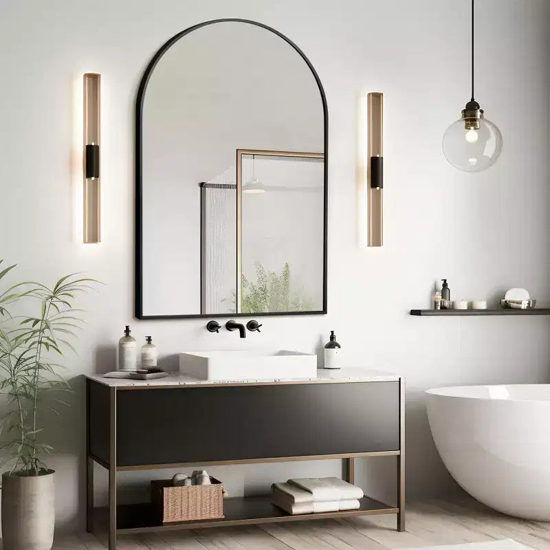 Specchio da bagno ad arco 36x24 con cornice in lega di alluminio, specchio da parete per camera da letto, soggiorno, ingresso, nero