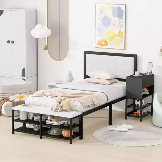 Okak Twin Bed Frames with Two-Tier Storage Shelves for Kids, Platform Twin Metal Bed Frame with Wooden Storage Cabinet for Bedroom, Black