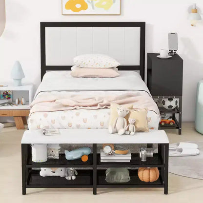 Struttura letto singolo con ripiani portaoggetti a due livelli per bambini, Struttura in metallo con armadietto in legno, Nero