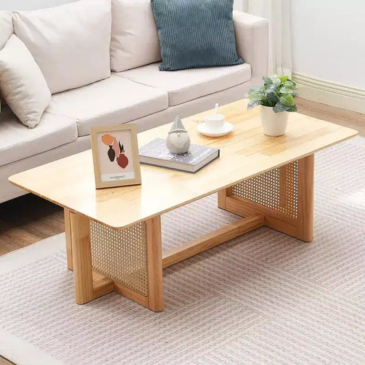 Tavolino da Caffè Rettangolare in Rattan da 47", Tavolo in Legno Intrecciato Stile Bohemien con Piano in Legno di Gomma, Capacità 113 kg