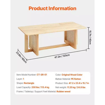 Tavolino da Caffè Rettangolare in Rattan da 47", Tavolo in Legno Intrecciato Stile Bohemien con Piano in Legno di Gomma, Capacità 113 kg