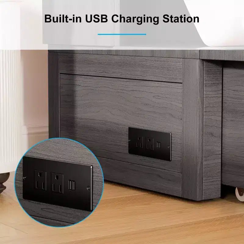 Letto a scomparsa matrimoniale con materasso pieghevole, cassetto portaoggetti e stazione di ricarica USB, mobile in legno