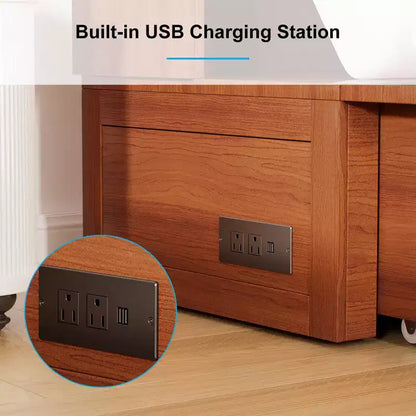 Letto a scomparsa matrimoniale con materasso pieghevole, cassetto portaoggetti e stazione di ricarica USB, mobile in legno