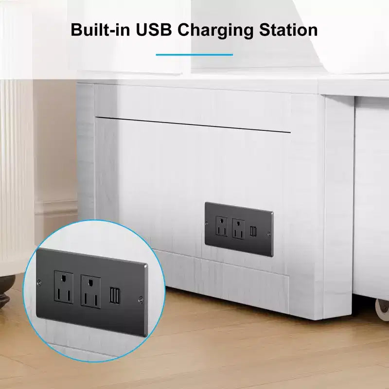 Letto a scomparsa matrimoniale con materasso pieghevole, cassetto portaoggetti e stazione di ricarica USB, mobile in legno