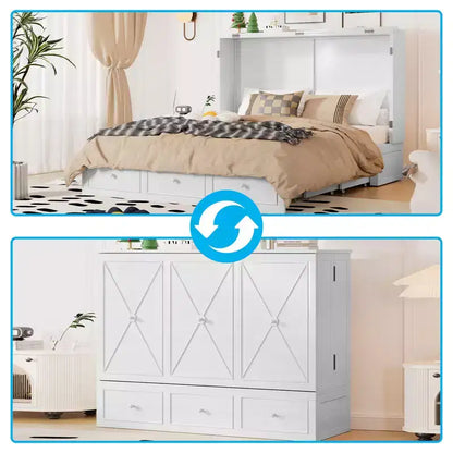 Letto a scomparsa matrimoniale con materasso pieghevole, cassetto portaoggetti e stazione di ricarica USB, mobile in legno