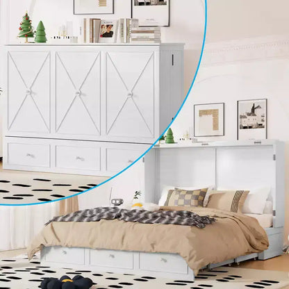 Letto a scomparsa matrimoniale con materasso pieghevole, cassetto portaoggetti e stazione di ricarica USB, mobile in legno