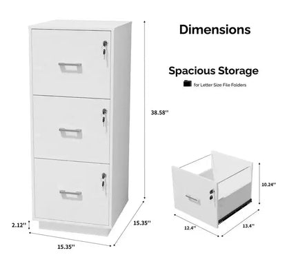 Cassettiera verticale a 3 cassetti in MDF bianco con serratura, larghezza 39 cm, altezza 98 cm, per ufficio