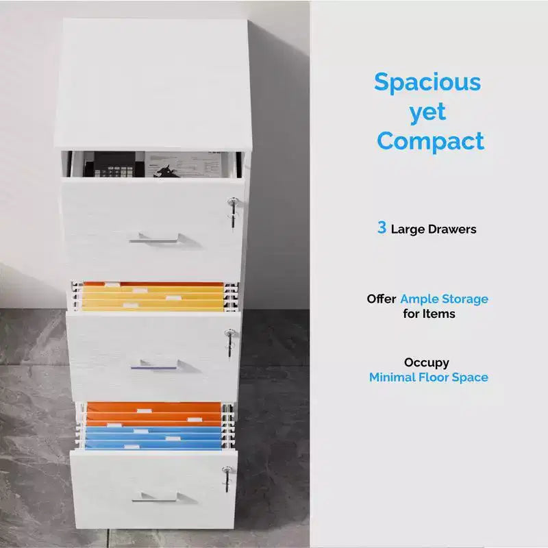Cassettiera verticale a 3 cassetti in MDF bianco con serratura, larghezza 39 cm, altezza 98 cm, per ufficio