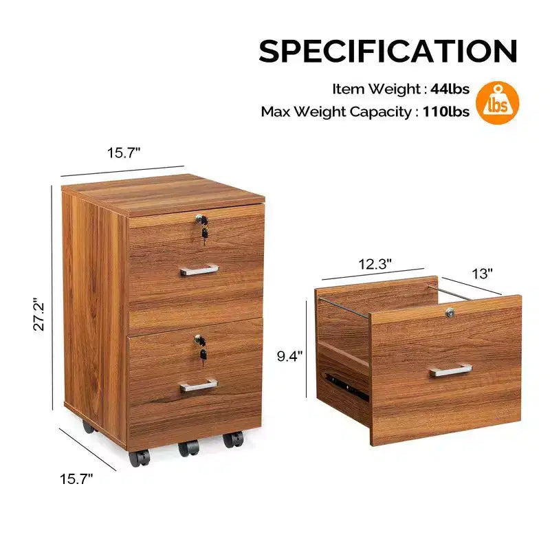 Cassettiera Classificatore Verticale a 2 Cassetti in Legno con Ruote e Serratura, MDF Marrone, Larghezza 40 cm