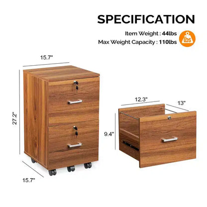 Cassettiera Classificatore Verticale a 2 Cassetti in Legno con Ruote e Serratura, MDF Marrone, Larghezza 40 cm