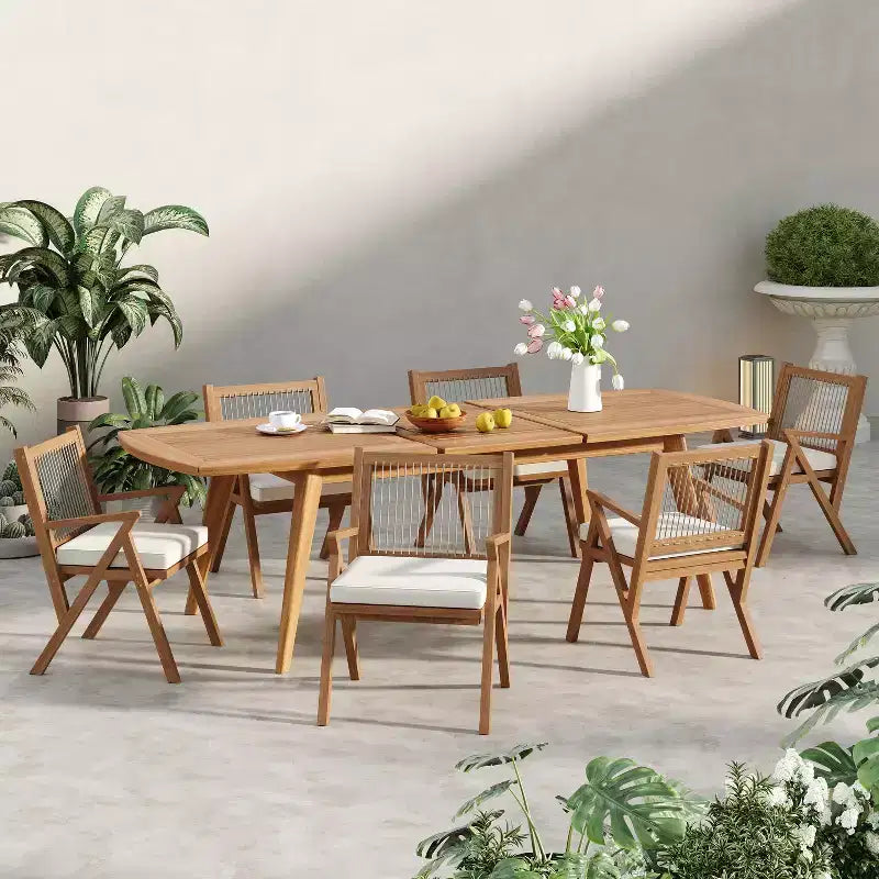 Christopher Knight Home Reynard Ensemble de salle à manger d'extérieur extensible 7 pièces avec table en bois d'acacia et chaises à dossier en corde