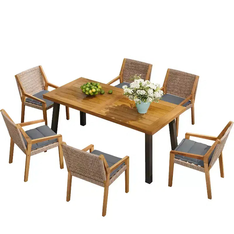 Ensemble de salle à manger 7 pièces d'extérieur industriel Neva en bois d'acacia et osier avec coussins Christopher Knight Home
