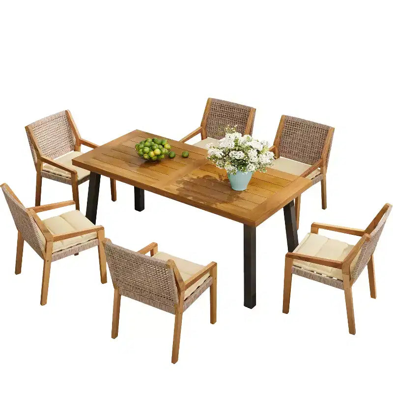 Ensemble de salle à manger 7 pièces d'extérieur industriel Neva en bois d'acacia et osier avec coussins Christopher Knight Home
