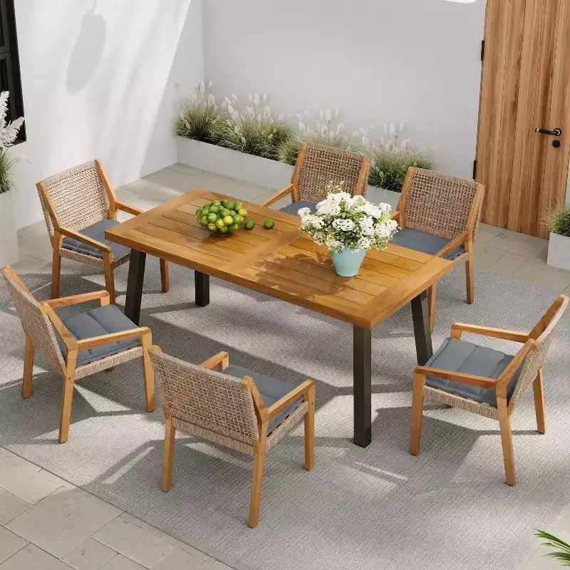 Ensemble de salle à manger 7 pièces d'extérieur industriel Neva en bois d'acacia et osier avec coussins Christopher Knight Home