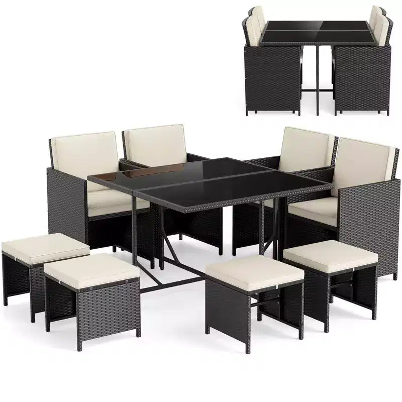 Costway Set da Pranzo per Esterni 9 Pezzi con Tavolo in Vetro Temperato e Pouf con Cuscini Rimovibili Bianco Sporco/Beige