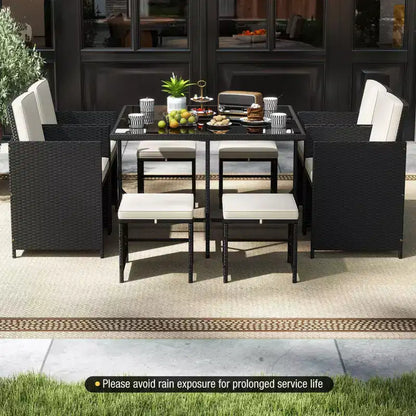 Costway Set da Pranzo per Esterni 9 Pezzi con Tavolo in Vetro Temperato e Pouf con Cuscini Rimovibili Bianco Sporco/Beige