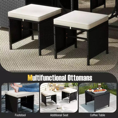 Costway Set da Pranzo per Esterni 9 Pezzi con Tavolo in Vetro Temperato e Pouf con Cuscini Rimovibili Bianco Sporco/Beige