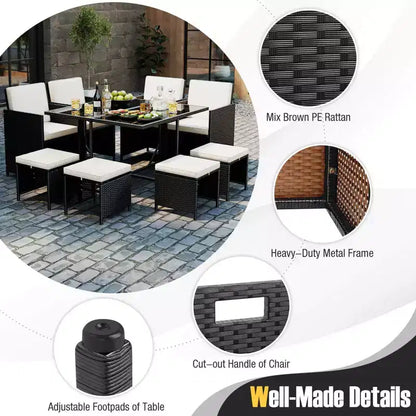 Costway Set da Pranzo per Esterni 9 Pezzi con Tavolo in Vetro Temperato e Pouf con Cuscini Rimovibili Bianco Sporco/Beige
