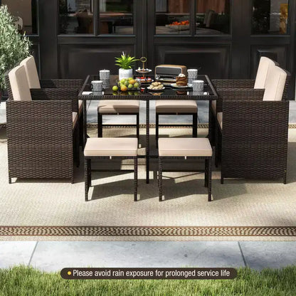 Costway Set da Pranzo per Esterni 9 Pezzi con Tavolo in Vetro Temperato e Pouf con Cuscini Rimovibili Bianco Sporco/Beige