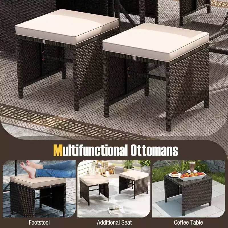 Costway Set da Pranzo per Esterni 9 Pezzi con Tavolo in Vetro Temperato e Pouf con Cuscini Rimovibili Bianco Sporco/Beige