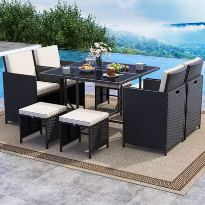 Costway Set da Pranzo per Esterni 9 Pezzi con Tavolo in Vetro Temperato e Pouf con Cuscini Rimovibili Bianco Sporco/Beige