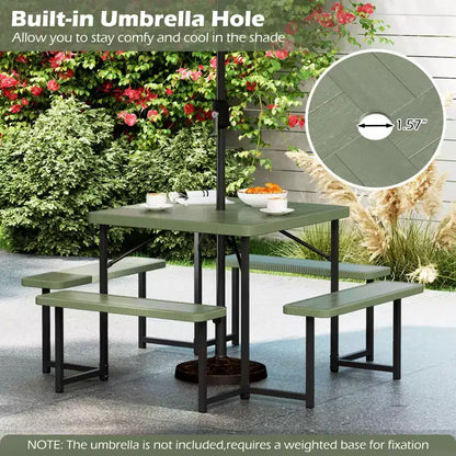 Tavolo da Picnic Costway con Panca per 4-8 Persone con Foro per Ombrellone, Piano in HDPE per Tutte le Stagioni Nero/Grigio/Verde/Bianco