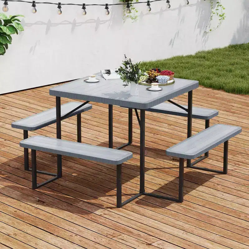 Tavolo da Picnic Costway con Panca per 4-8 Persone con Foro per Ombrellone, Piano in HDPE per Tutte le Stagioni Nero/Grigio/Verde/Bianco